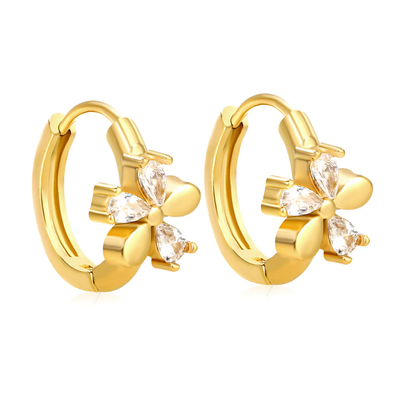 Stelluxe Stainless Steel Gold Color PVD Flower Shaped Three White Zirconia Earrings