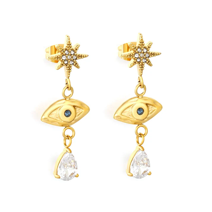 Stainless Steel Gold Color PVD Eight-Pointed Star Marquise and Diamond Drop Earrings