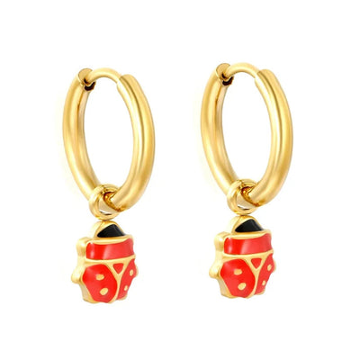 Stainless Steel Gold Color PVD Seven Star Design Ladybug Enamel Hoop Earrings