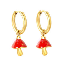 Load image into Gallery viewer, Stainless Steel Gold Color PVD 3D Mushroom Red Enamel Hoop Earrings