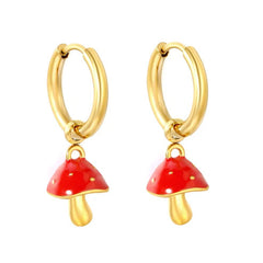 Stainless Steel Gold Color PVD 3D Mushroom Red Enamel Hoop Earrings