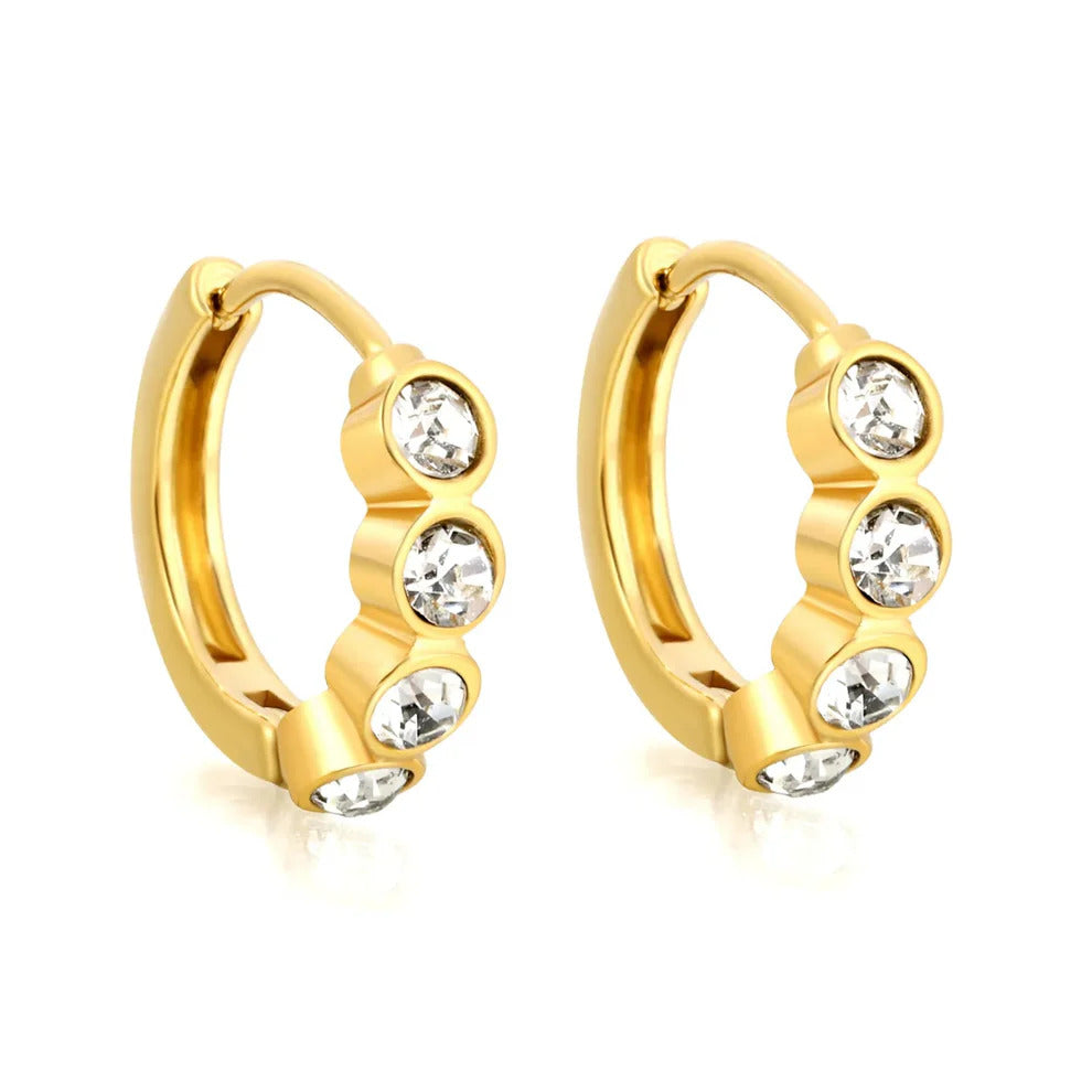 Stainless Steel Gold Color PVD Round Rhinestones Wire Inner Hoop Earrings