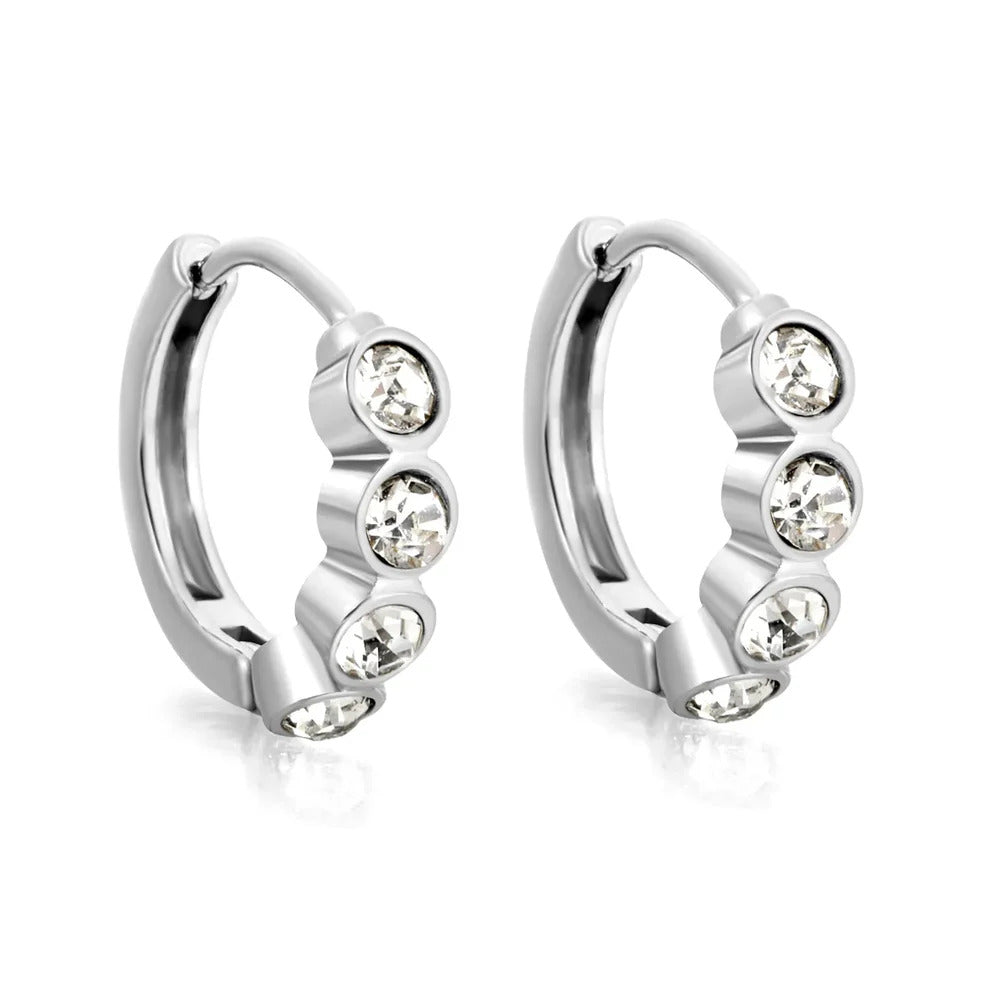 Stainless Steel Color PVD Round Rhinestones Wire Inner Hoop Earrings