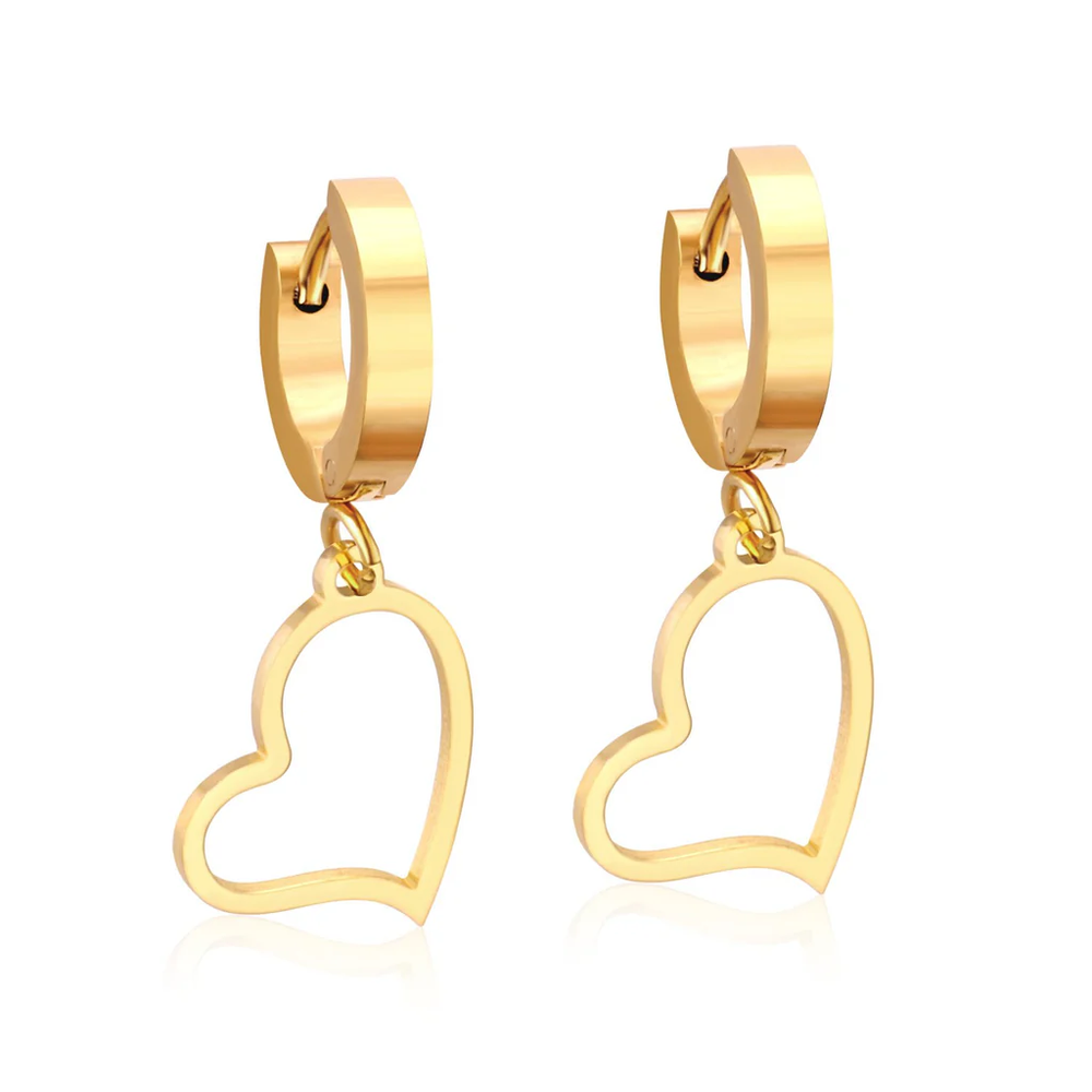 Stainless Steel Gold Color PVD Round Hoop Heart Drop Earrings