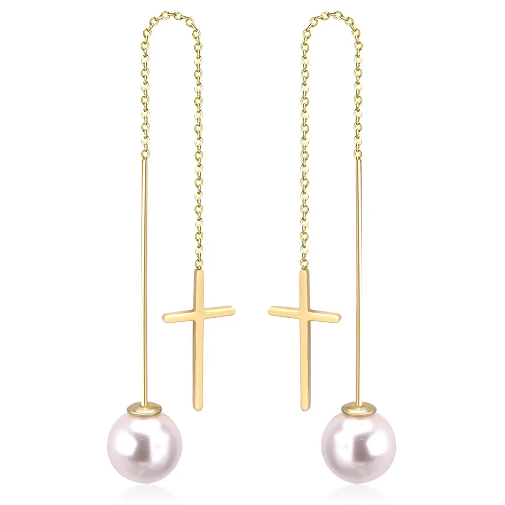 Stainless Steel Gold Color PVD Fashion Cut Stud Earrings With White Pearls