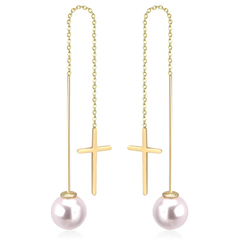 Tresoli Stainless Steel Gold Color PVD Fashion Cut Stud Earrings With White Pearls