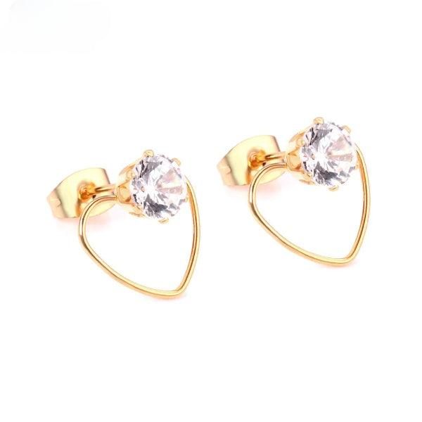 Stainless Steel Gold Color PVD Heart Round Cubic Zirconia Piercing Stud Earrings