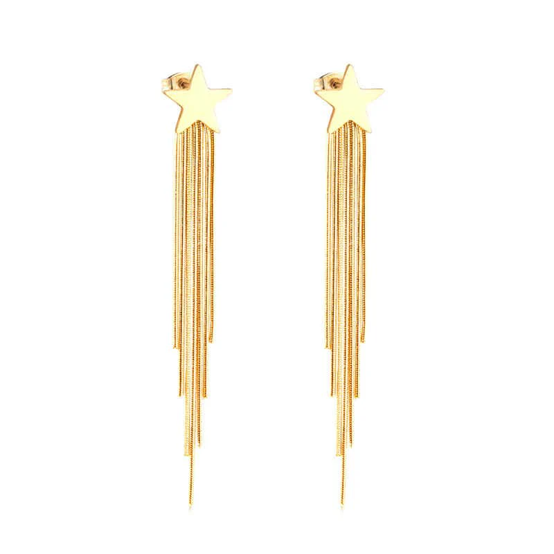 Stainless Steel Gold Color PVD Star Drop Long Dangle Earrings
