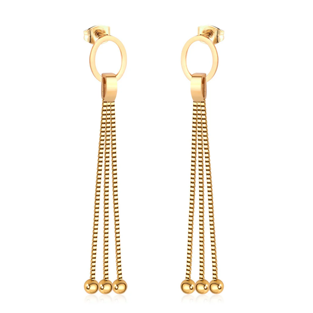 Stainless Steel Gold Color PVD Korean Tassel Round with Drop Earrings