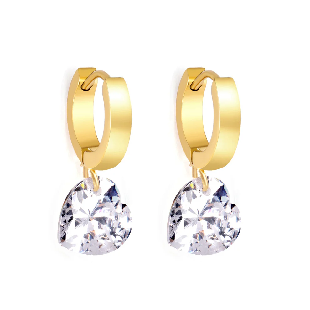 Stainless Steel Gold Color PVD Heart Shaped Diamonds Earrings