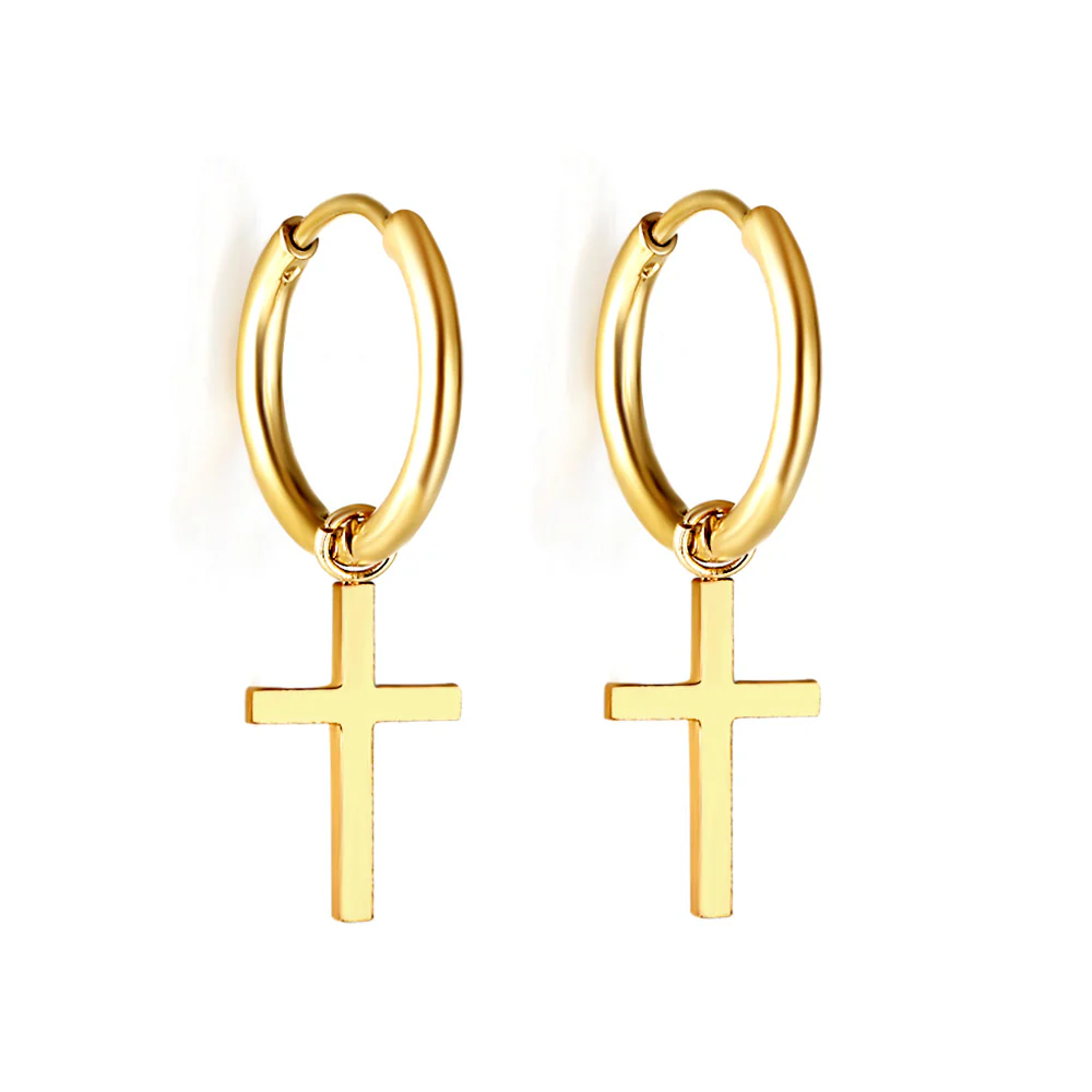 Stainless Steel Gold Color PVD Circle With Cross Earrings