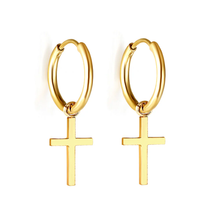 Load image into Gallery viewer, Stelluxe Stainless Steel Gold Color PVD Circle With Cross Earrings