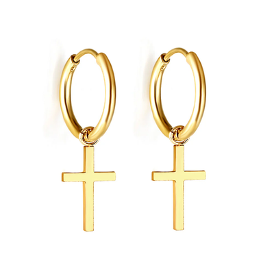 Stelluxe Stainless Steel Gold Color PVD Circle With Cross Earrings