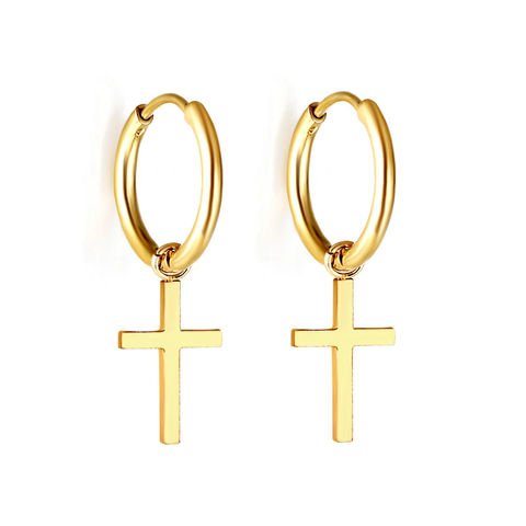 Stelluxe Stainless Steel Gold Color PVD Circle With Cross Earrings