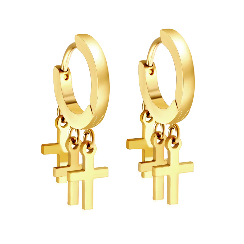 Stainless Steel Gold Color PVD Circle With 3 Crosses Earrings