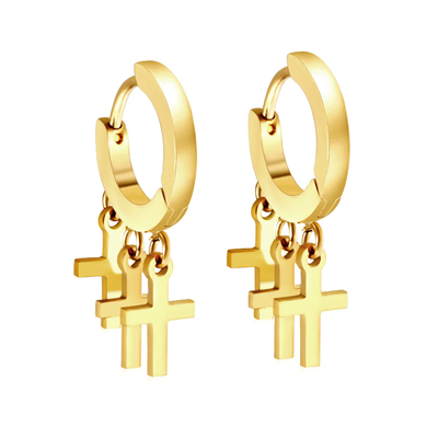 Stelluxe Stainless Steel Gold Color PVD Circle With 3 Crosses Earrings