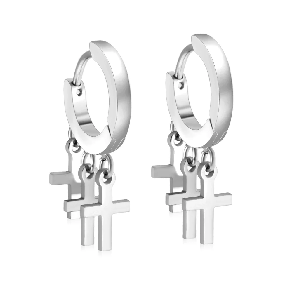 Stainless Steel Color PVD Circle With 3 Crosses Earrings