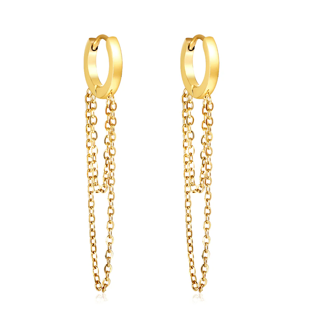 Stainless Steel Gold Color PVD Circle With Double Chain Earrings