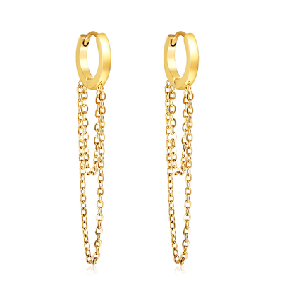Stelluxe Stainless Steel Gold Color PVD Circle With Double Chain Earrings