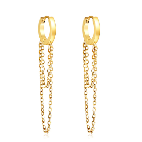 Stelluxe Stainless Steel Gold Color PVD Circle With Double Chain Earrings