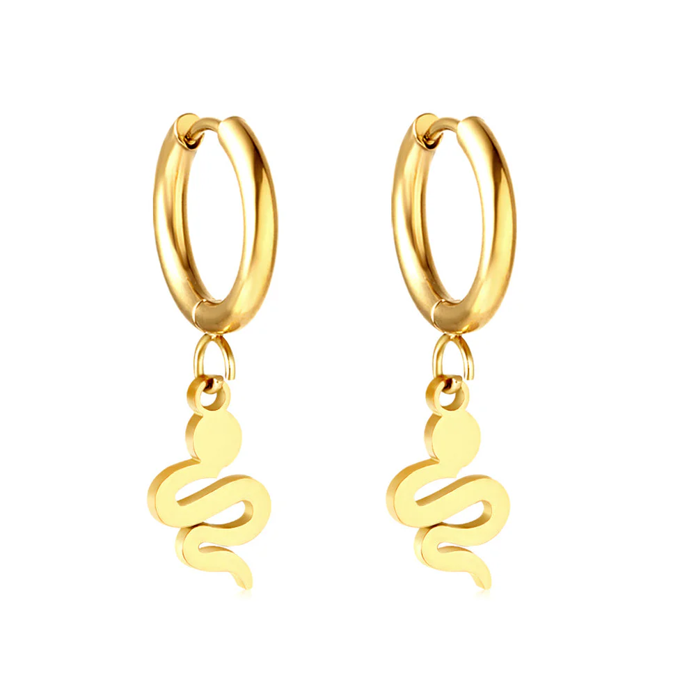 Stainless Steel Gold Color PVD Circle With Snake Shaped Earrings