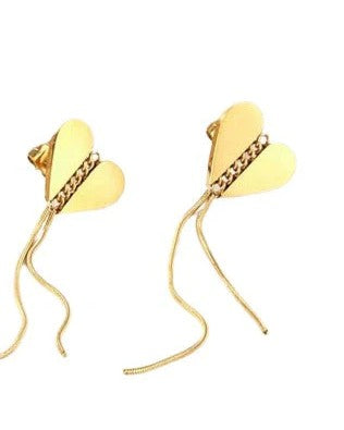 Tresoli Stainless Steel Gold Color PVD Lightning Drop Heart Tassel Earrings