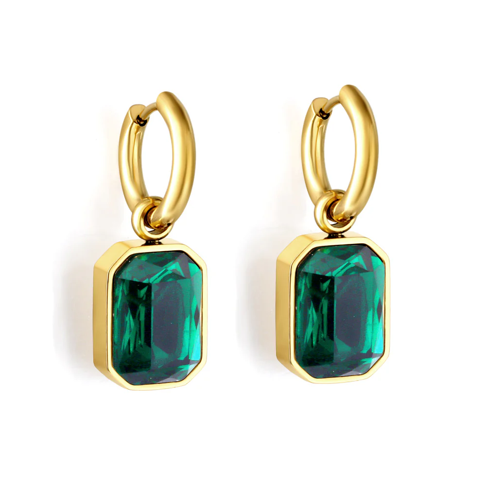 Stainless Steel Gold Color PVD Circle with Green Diamonds Earrings