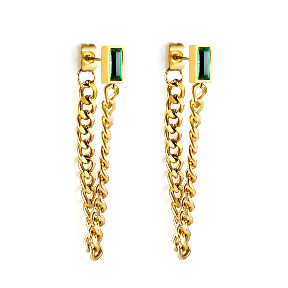 Stainless Steel Gold Color PVD Rectangular Green Diamond Earrings With Matching Chain