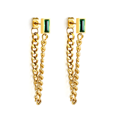 Stelluxe Stainless Steel Gold Color PVD Rectangular Green Diamond Earrings With Matching Chain