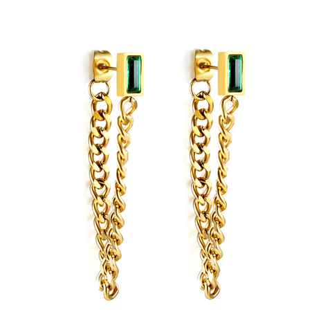 Stelluxe Stainless Steel Gold Color PVD Rectangular Green Diamond Earrings With Matching Chain