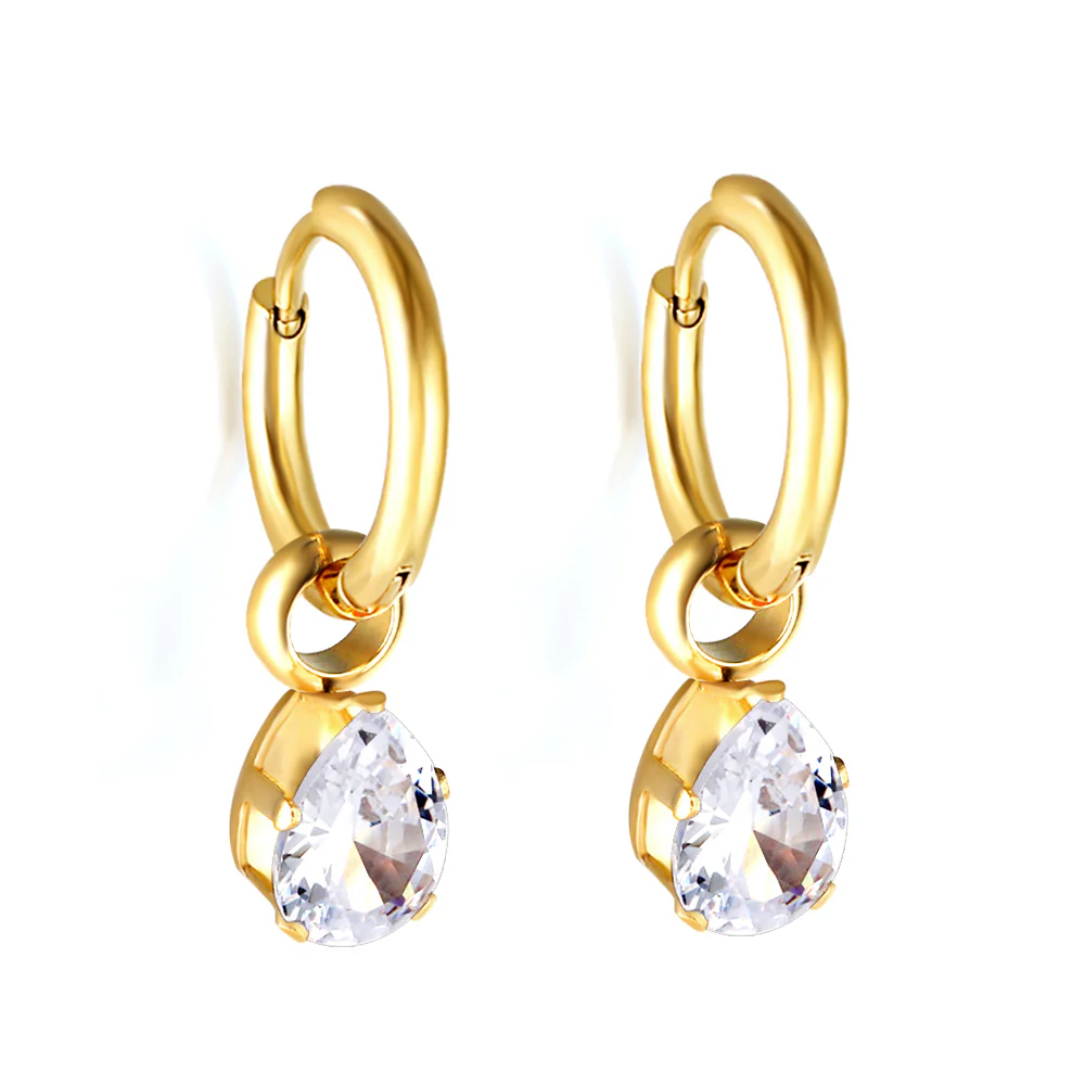 Stainless Steel Gold Color PVD Circle With White Diamond Teardrop Shaped Earrings