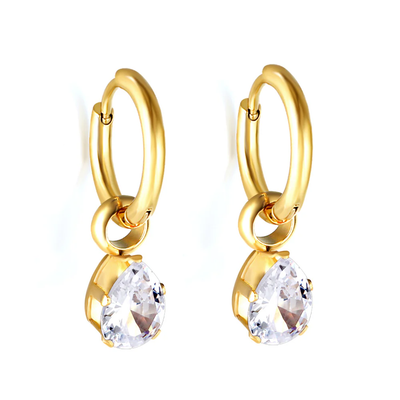 Stelluxe Stainless Steel Gold Color PVD Circle With White Diamond Teardrop Shaped Earrings