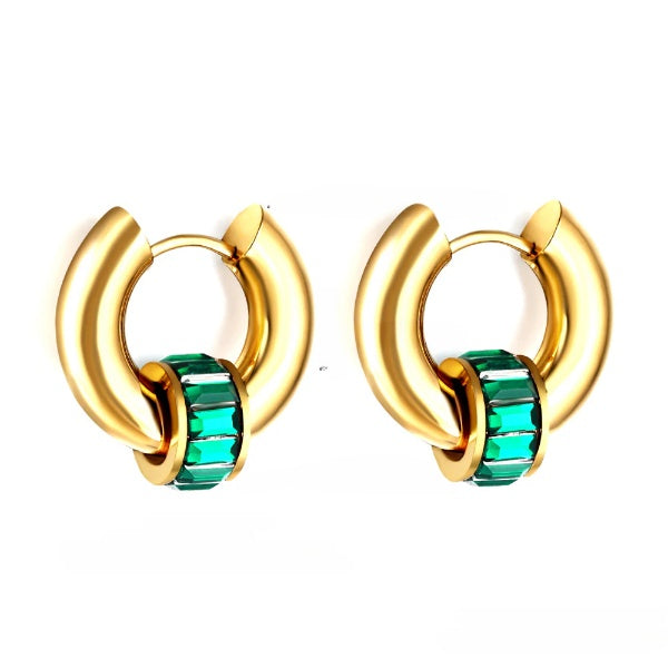 Stainless Steel Gold Color PVD Circle With Green Diamond Hoop Earrings