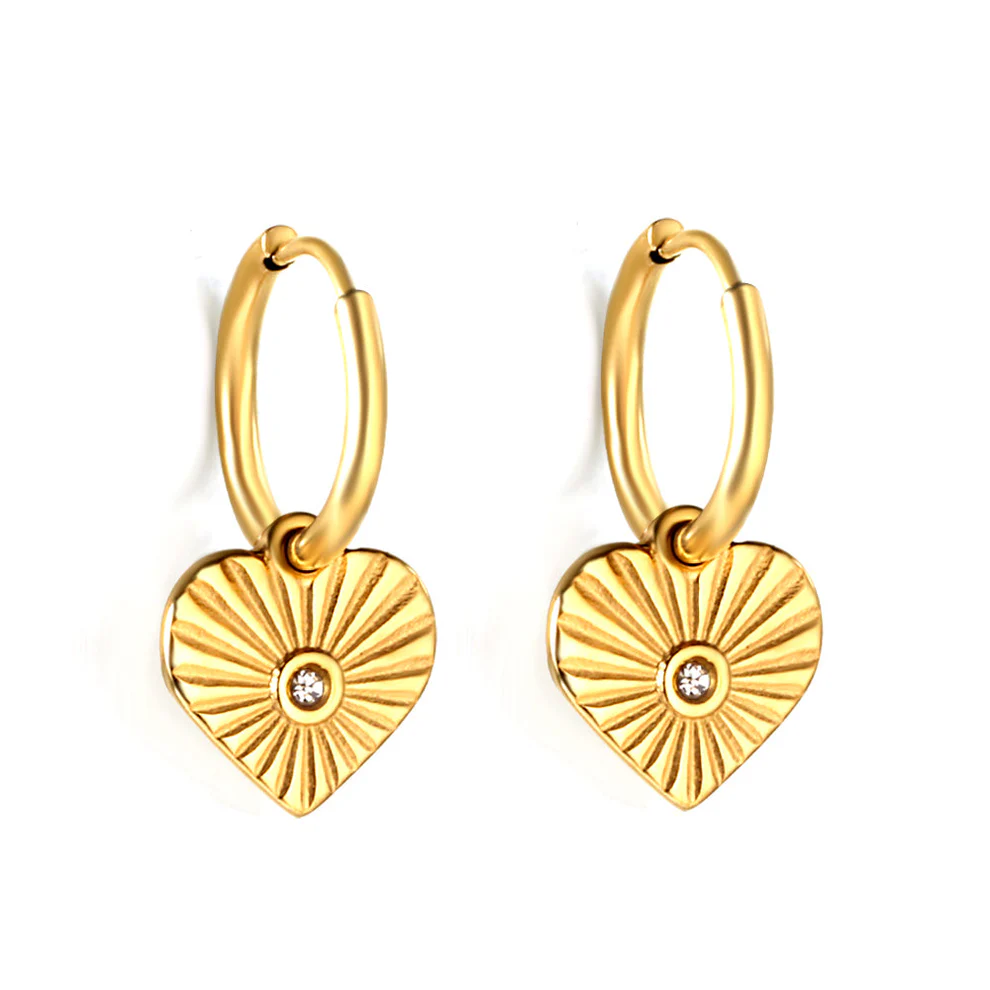 Stainless Steel Gold Color PVD Circle With Heart White Diamond Stud Earrings