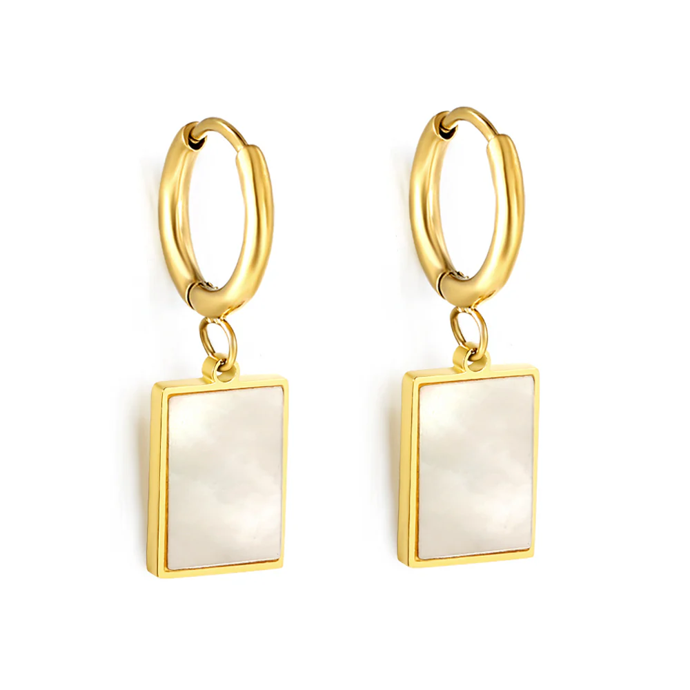 Stainless Steel Gold Color PVD Circle With Rectangular White Shell Stud Earrings
