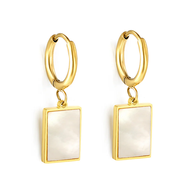 Stelluxe Stainless Steel Gold Color PVD Circle With Rectangular White Shell Stud Earrings