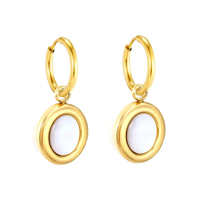 Stainless Steel Gold Color PVD Oval Flat White Mother Of Pearl Earrings