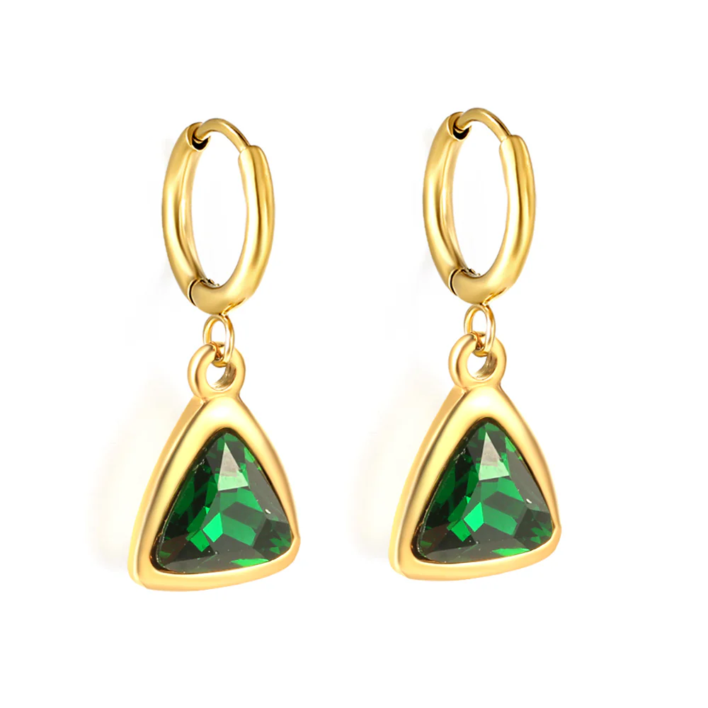 Stainless Steel Gold Color PVD Circle with Triangle Green Diamond Stud Earrings