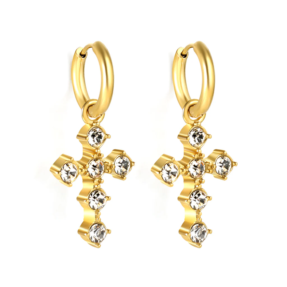 Stainless Steel Gold Color PVD 2024 New Year Fashion With Cross White Diamond Earrings