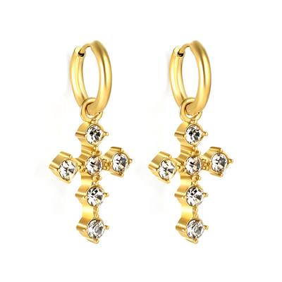 Stelluxe Stainless Steel Gold Color PVD 2024 New Year Fashion With Cross White Diamond Earrings