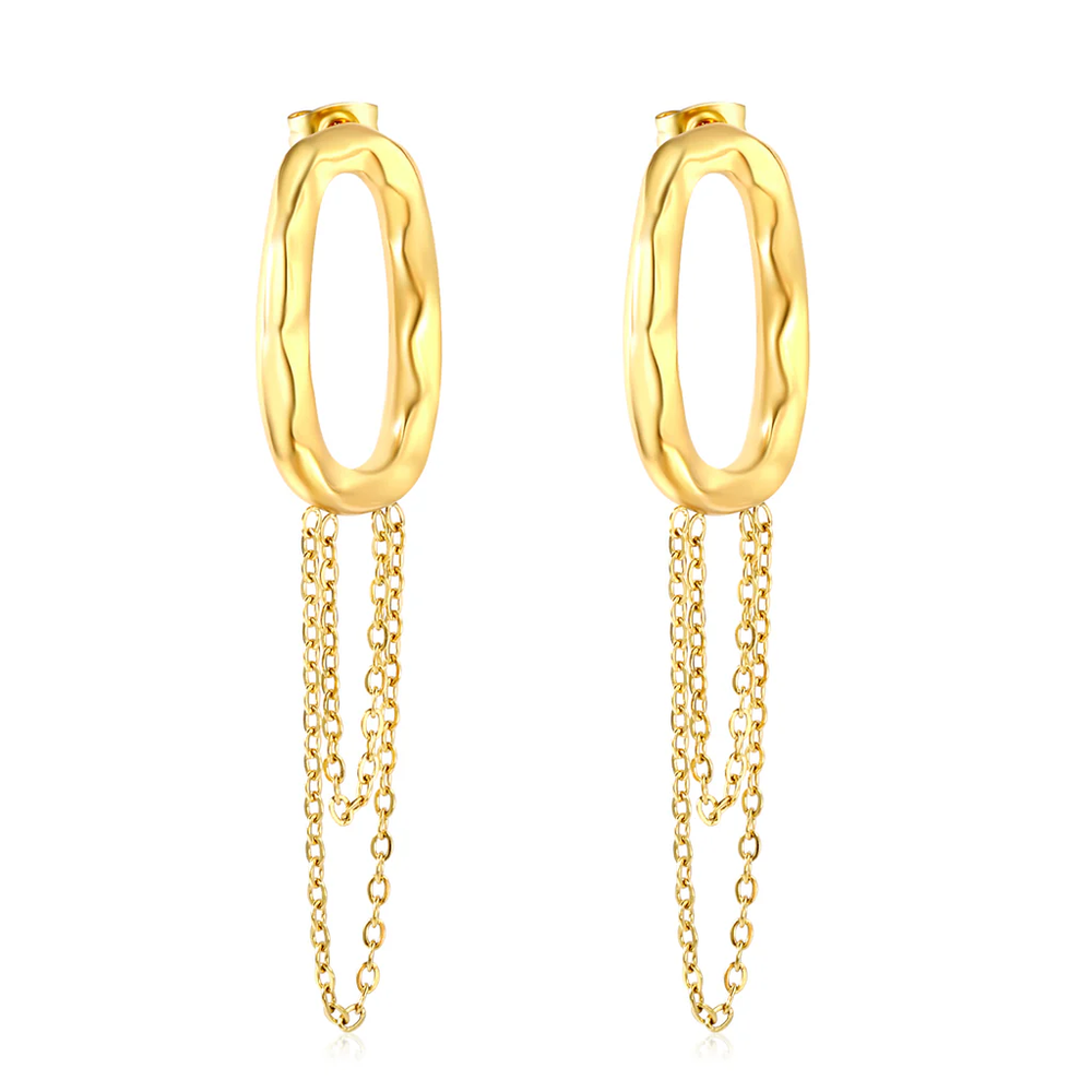 Stainless Steel Gold Color PVD Oval Hoop Earrings With Tassels Chain