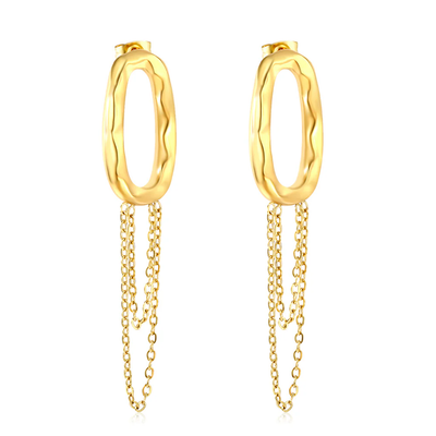 Stelluxe Stainless Steel Gold Color PVD Oval Hoop Earrings With Tassels Chain