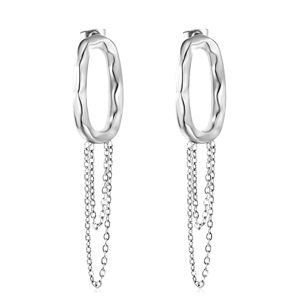 Stainless Steel Color PVD Oval Hoop Earrings With Tassels Chain