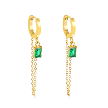 Load image into Gallery viewer, Stelluxe Stainless Steel Gold Color PVD Ear Hook Green Cubic Zirconia Tassel Earrings