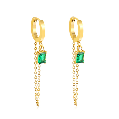 Stelluxe Stainless Steel Gold Color PVD Ear Hook Green Cubic Zirconia Tassel Earrings
