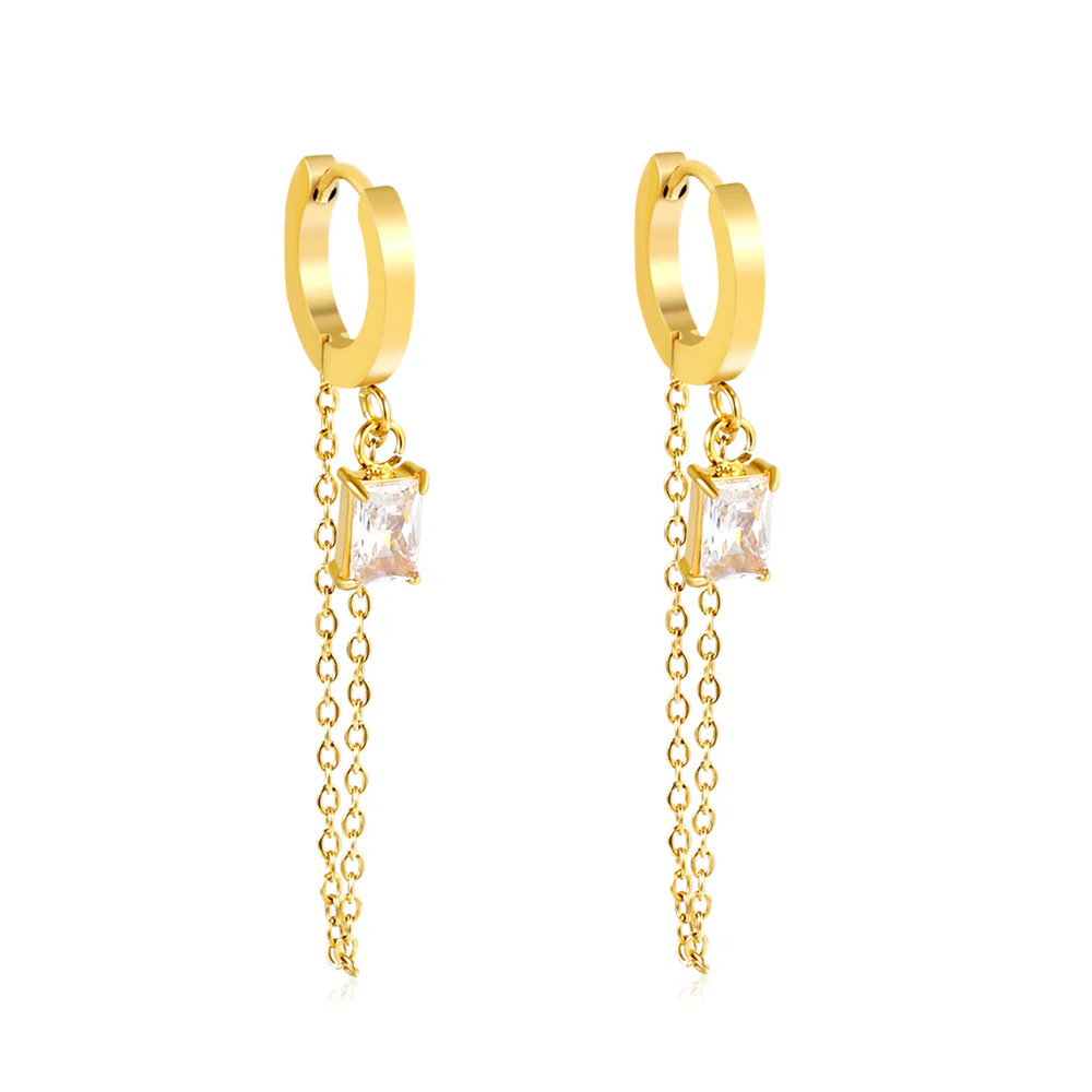 Stainless Steel Gold Color PVD Ear Hook White Cubic Zirconia Tassel Earrings