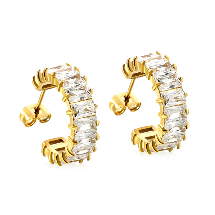 Stainless Steel Gold Color PVD C Shape With Two Catch Baguette White Diamond Stud Earrings
