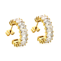 Stelluxe Stainless Steel Gold Color PVD C Shape With Two Catch Baguette White Diamond Stud Earrings