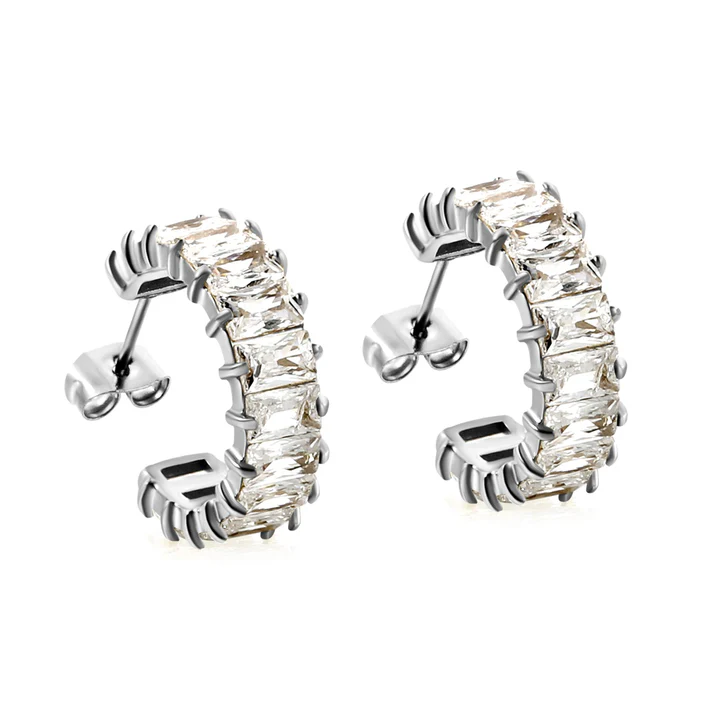 Stelluxe Stainless Steel Color PVD C Shape With Two Catch Baguette White Diamond Stud Earrings