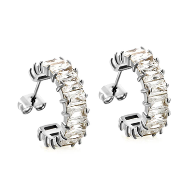 Stelluxe Stainless Steel Color PVD C Shape With Two Catch Baguette White Diamond Stud Earrings